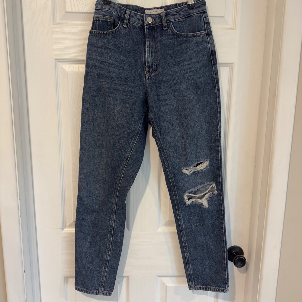Topshop Mom Jeans W28 L34 Medium Wash Blue Distressed Ripped High Waist Tapered